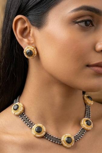 Black color designer dual tone oxidised necklace set
