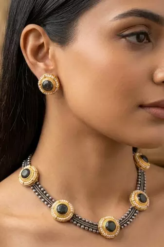 Black color designer dual tone oxidised necklace set