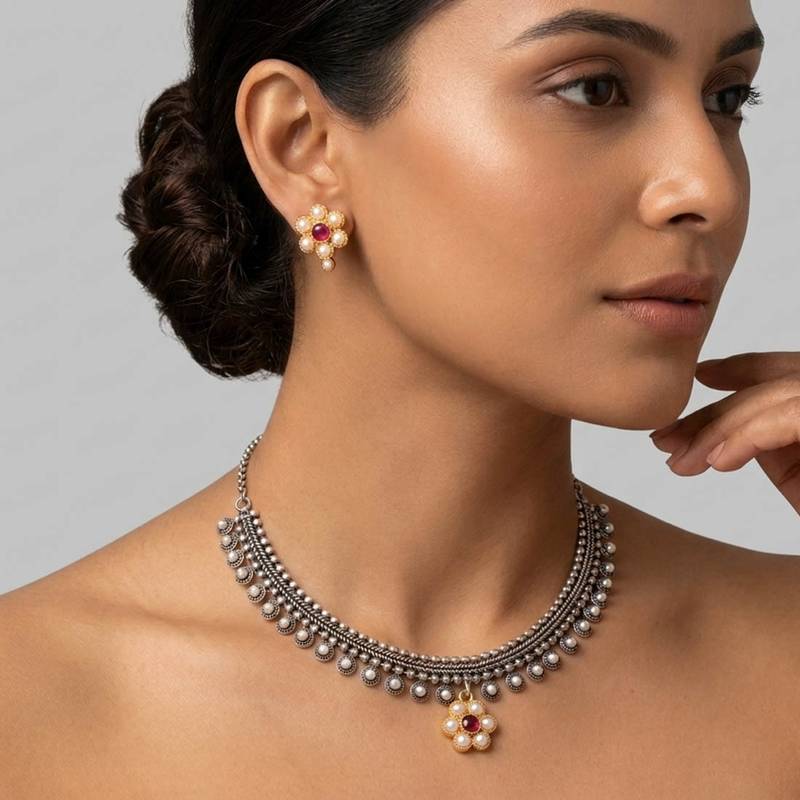 Rani color traditional dual tone oxidised necklace set