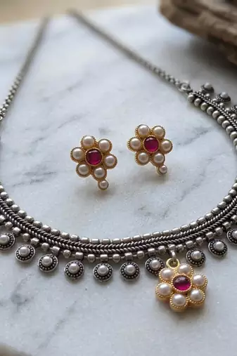 Rani color traditional dual tone oxidised necklace set