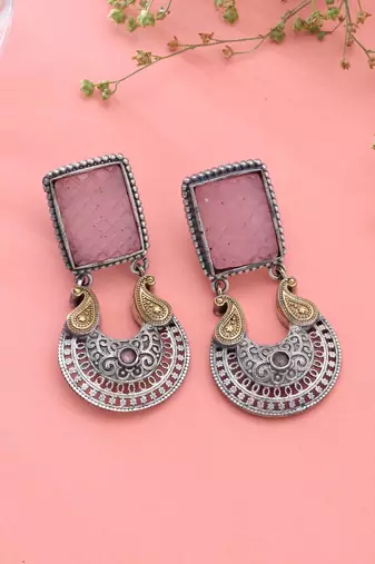 Light pink color dual tone oxidised earrings designer finish