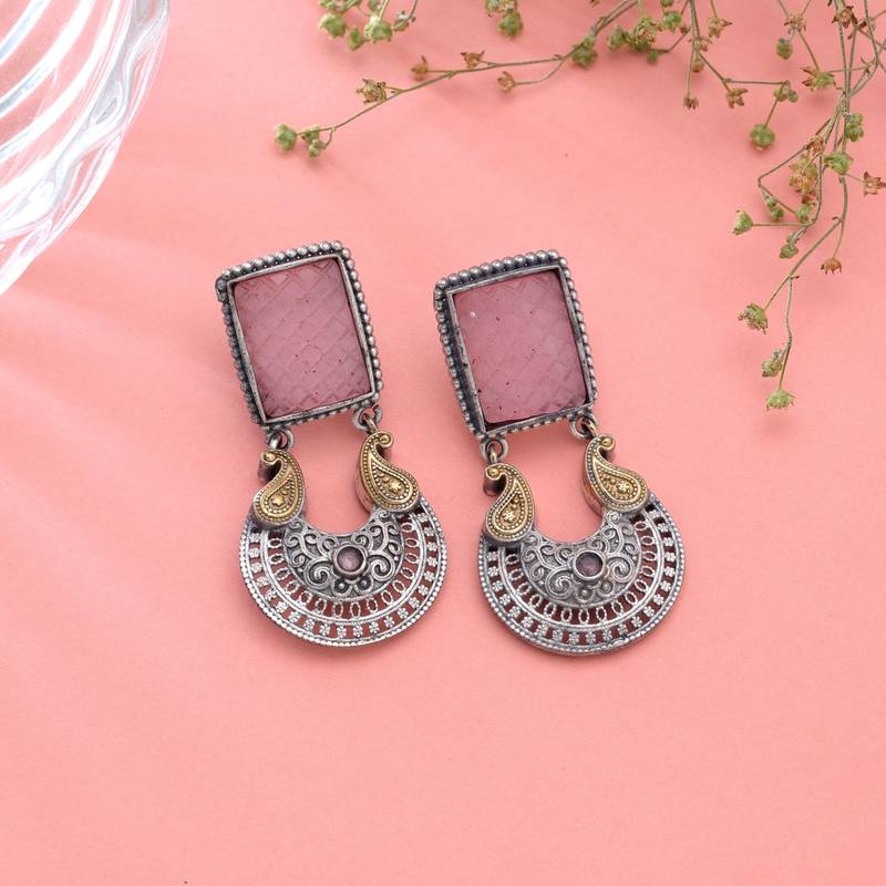 Light pink color dual tone oxidised earrings designer finish