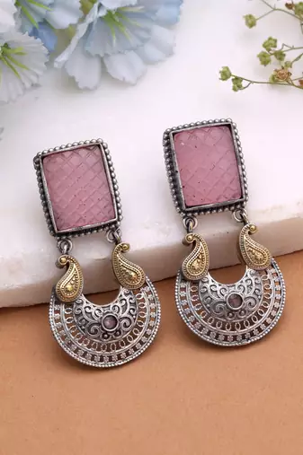 Light pink color dual tone oxidised earrings designer finish