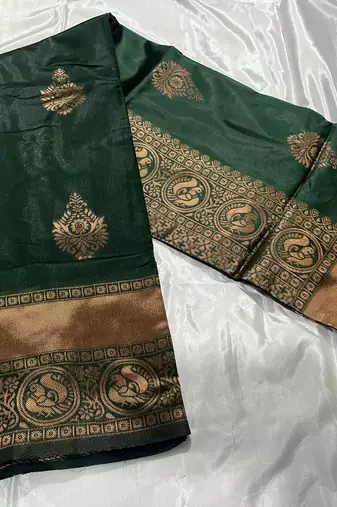 Bottle Green silk blend banarasi saree with unstitched blouse piece