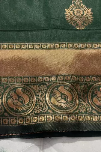 Bottle Green silk blend banarasi saree with unstitched blouse piece