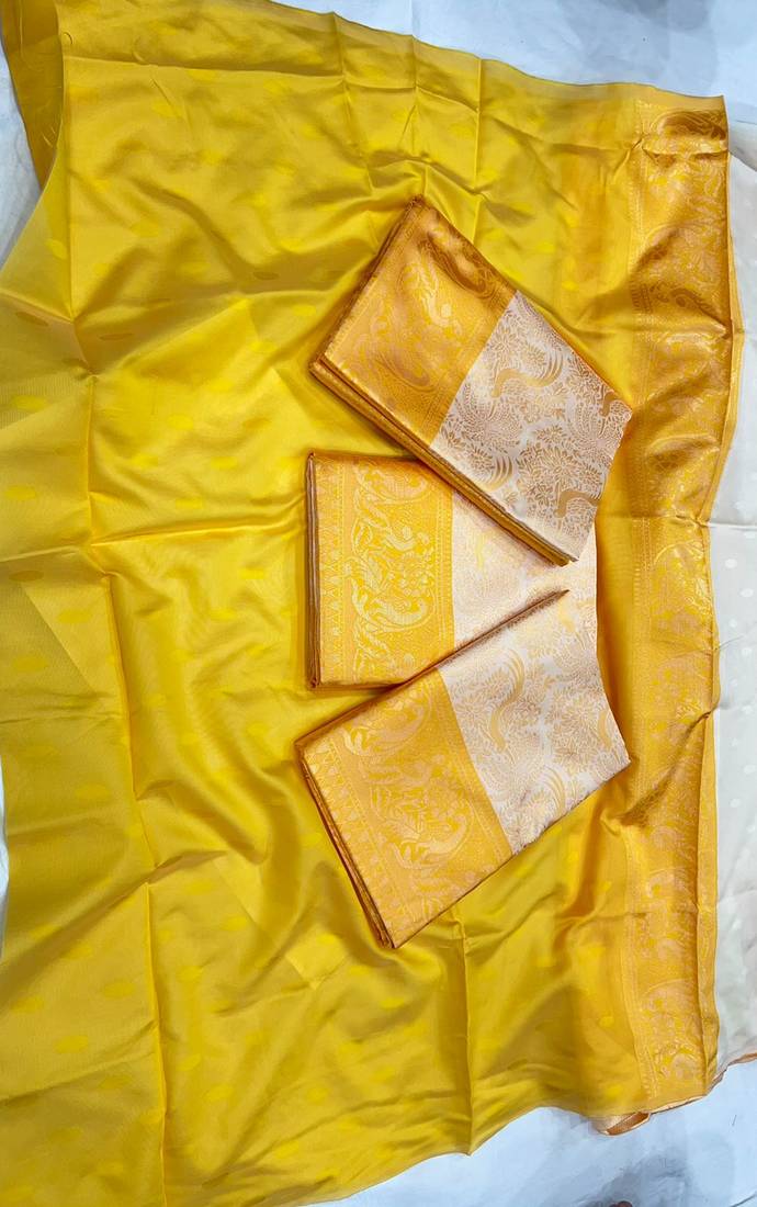 off white yellow banarasi soft silk blend saree