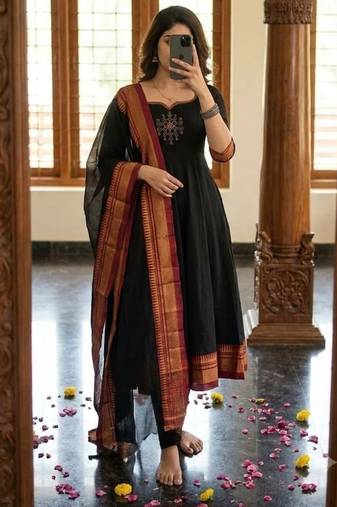 Royal Black & Maroon Ethnic Anarkali Suit with Gold Border Dupatta