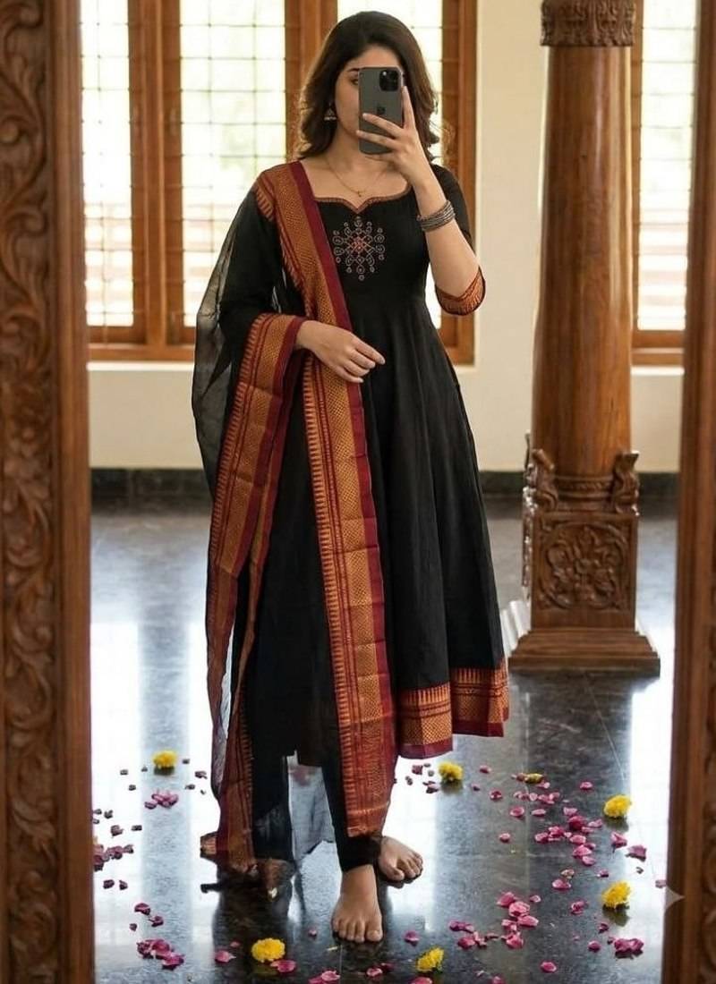 Royal Black & Maroon Ethnic Anarkali Suit with Gold Border Dupatta