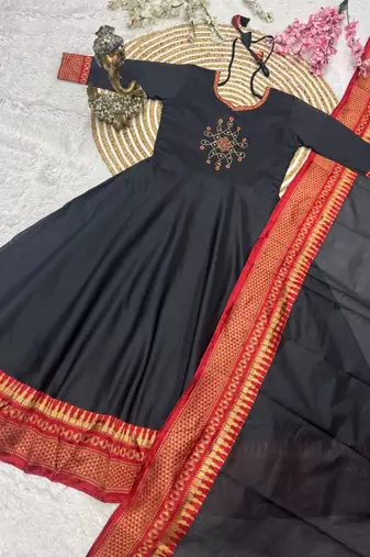 Royal Black & Maroon Ethnic Anarkali Suit with Gold Border Dupatta