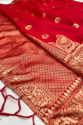 Red silk blend banarasi jaquard designer saree with blouse