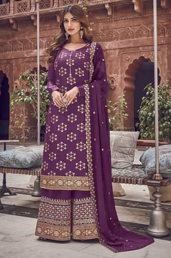 Purple premium pura dola silk jacquard plazzo salwar suit
