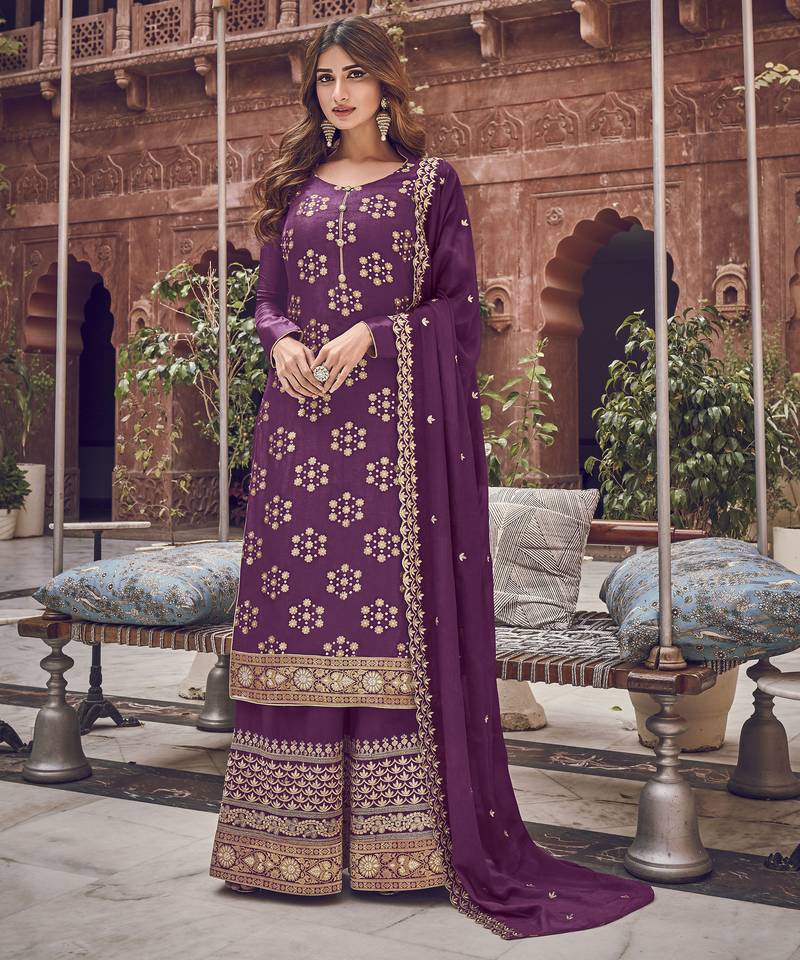 Purple premium pura dola silk jacquard plazzo salwar suit