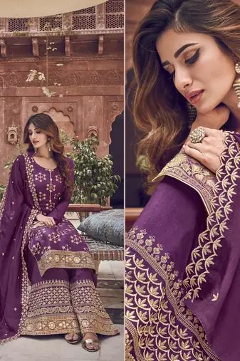 Purple premium pura dola silk jacquard plazzo salwar suit