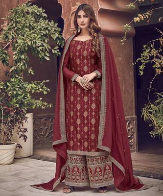 Maroon premium pura dola silk jacquard plazzo salwar suit 1