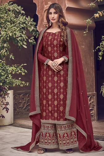 Maroon premium pura dola silk jacquard plazzo salwar suit