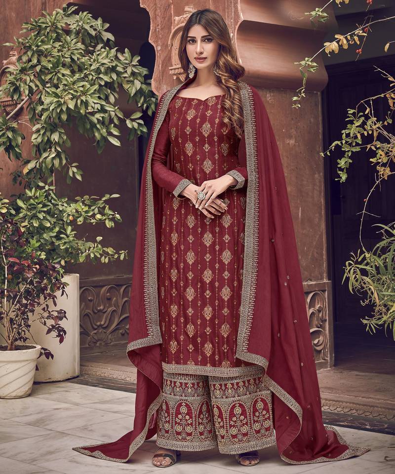Maroon premium pura dola silk jacquard plazzo salwar suit