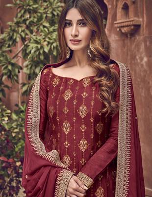 Maroon premium pura dola silk jacquard plazzo salwar suit 2