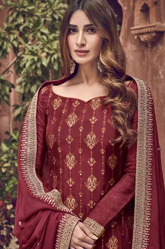 Maroon premium pura dola silk jacquard plazzo salwar suit