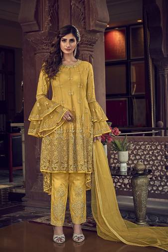 Yellow frilled net designer semi-stitched salwar suit