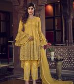 Yellow frilled net designer semi-stitched salwar suit