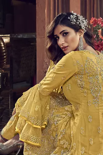 Yellow frilled net designer semi-stitched salwar suit
