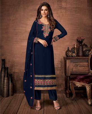 Navy blue designer georgette sraight cut semi-stitched salwar suit 1