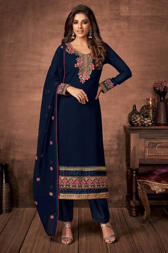 Navy blue designer georgette sraight cut semi-stitched salwar suit