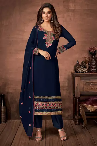 Navy blue designer georgette sraight cut semi-stitched salwar suit