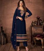 Navy blue designer georgette sraight cut semi-stitched salwar suit