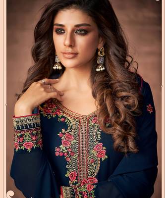 Navy blue designer georgette sraight cut semi-stitched salwar suit 2