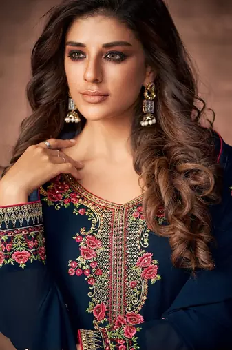 Navy blue designer georgette sraight cut semi-stitched salwar suit