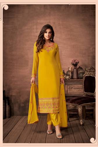 Yellow designer georgette sraight cut semi-stitched salwar suit