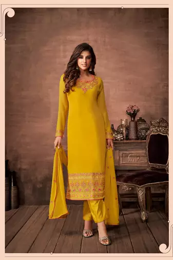 Yellow designer georgette sraight cut semi-stitched salwar suit
