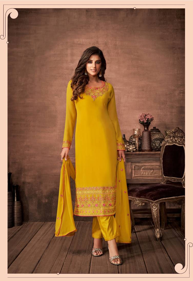 Yellow designer georgette sraight cut semi-stitched salwar suit