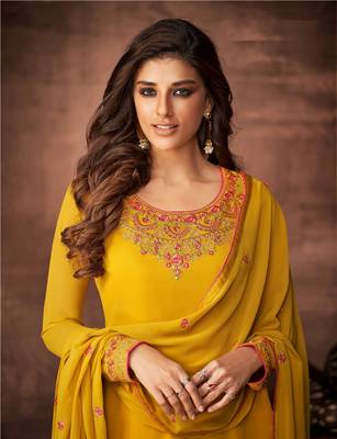 Yellow designer georgette sraight cut semi-stitched salwar suit 2