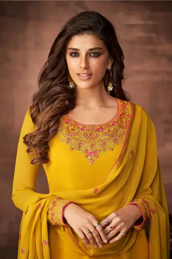 Yellow designer georgette sraight cut semi-stitched salwar suit