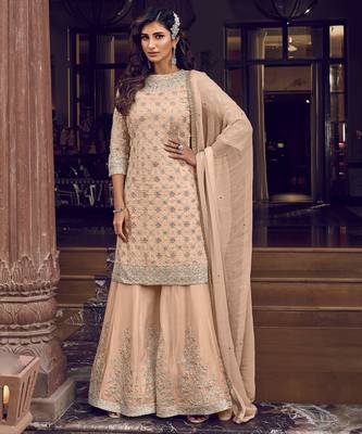 Peach crease crisp georgette semi-stitched salwar suit 1