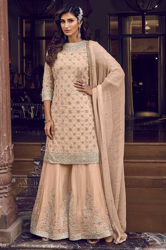 Peach crease crisp georgette semi-stitched salwar suit