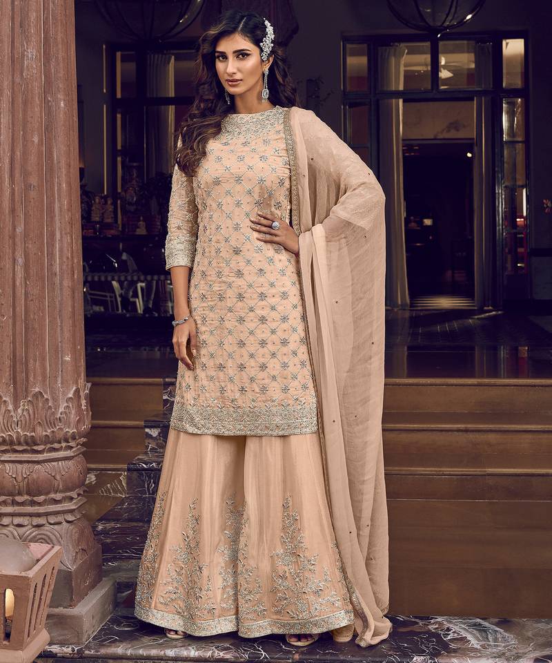 Peach crease crisp georgette semi-stitched salwar suit