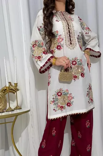 White georgette embroidered kurta set