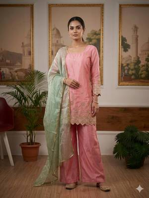 Pink satin embroidered kurta set 1