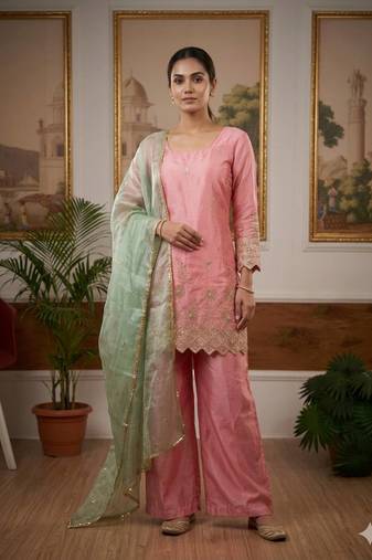 Pink satin embroidered kurta set