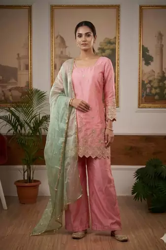 Pink satin embroidered kurta set