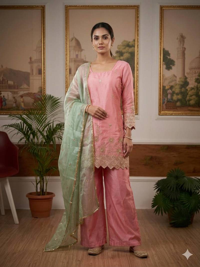 Pink satin embroidered kurta set