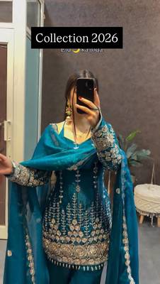 Blue satin embroidered kurta set 3