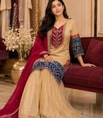 Cream silk blend embroidered kurta set