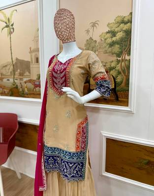 Cream silk blend embroidered kurta set 5