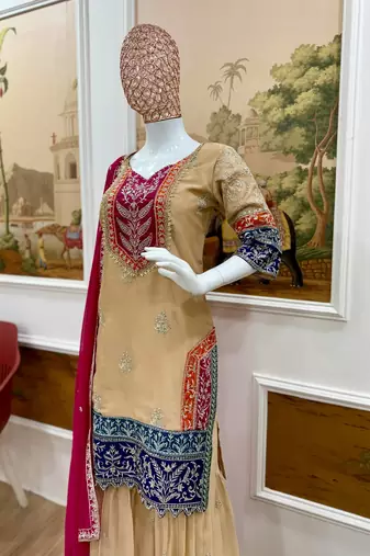 Cream silk blend embroidered kurta set