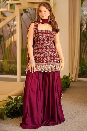 Maroon georgette embroidered kurta set
