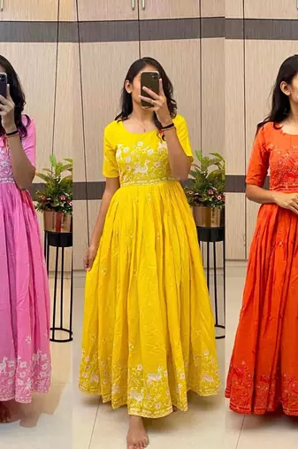 Pink blended cotton embroidered gown